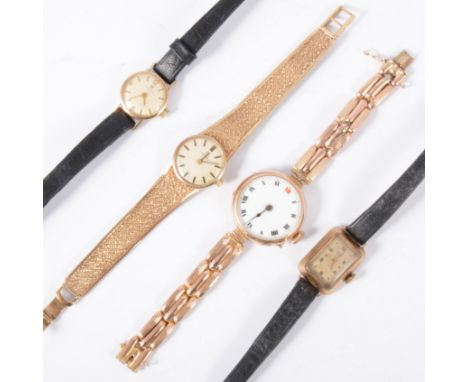 Four lady's wrist watches, a 9 carat yellow gold Omega bracelet watch with circular champagne baton dial on a textured bracel