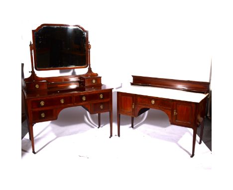 Victorian inlaid mahogany three-piece bedroom suite, comprising: wardrobe, moulded cornice, plain frieze central section with