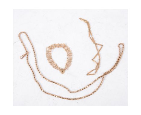 A collection of gold jewellery, a hallmarked 9 carat yellow gold bar link necklace 40cm long, a five bar gate link bracelet 1