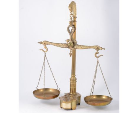 Set of brass scales, Victorian style, the balance cast as snakes, plinth inset with weights, engraved presentation plaque, 59