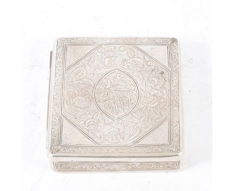 A white metal hinged box, engine turned and engraved with foliate work and Arabic script, 9cm x 7.5cm, approximate weight 3.3