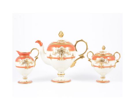 Noritake porcelain coffee set, pedestal form, gilt decoration, comprising coffee pot, 19cm, cream jug, sugar bowl, six cups a