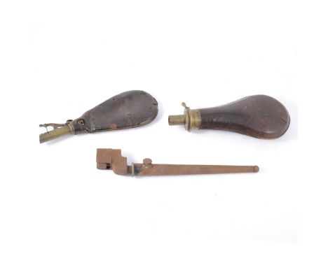 Two leather shot flask, and bayonet spike. (3)