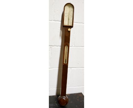 Mahogany stick barometer, arched glazed top, trunk with thermometer, turned cistern cover, ivory chart, signed Simmons, Warwi