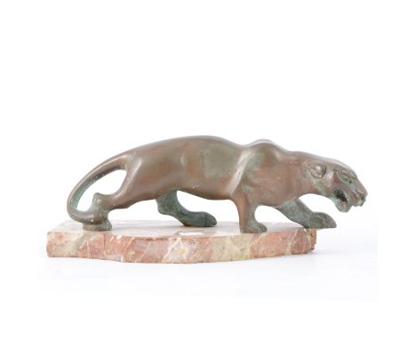 Bronze animalia, modelled as a Jaguar, 23cm; marble plinth, badly damaged.