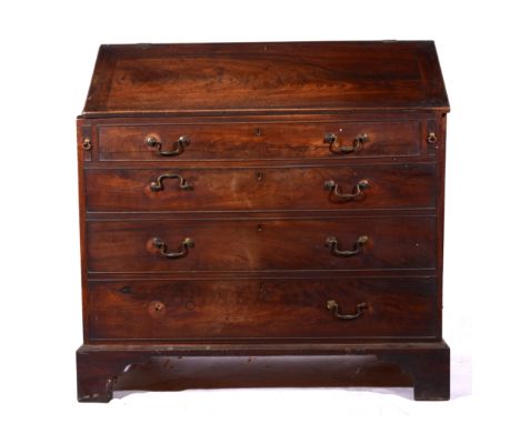George III mahogany bureau, adapted, the slope front dummy drawer fascia, hinge to reveal an open interior, bracket feet, wid