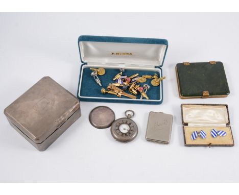 A collection of gilt metal cufflinks, a silver engine turned cigarette/jewel box, demi-hunter pocket watch (af), nickel book 