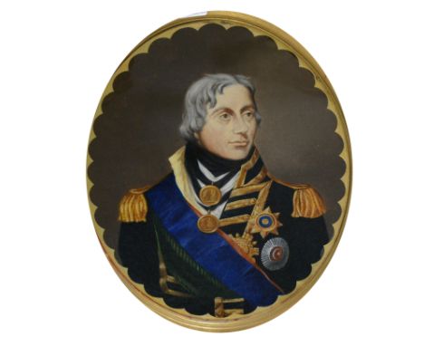 Reverse painting, head and shoulders portrait on glass, Admiral Lord Nelson, oval, 49cm x 38cm.