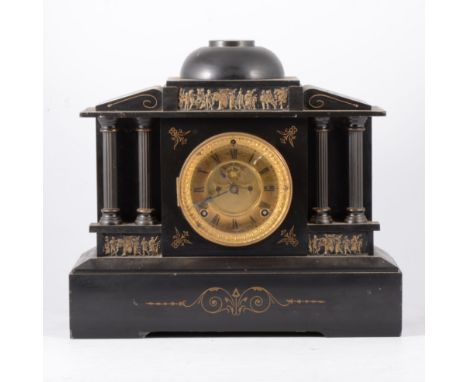 Victorian slate mantel clock, architectural case, circular dial, with Roman numerals, visible escapement, Ansonia spring move
