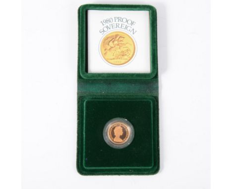 A Queen Elizabeth II 1980 Proof Full Sovereign in a green Royal Mint box with leaflet.