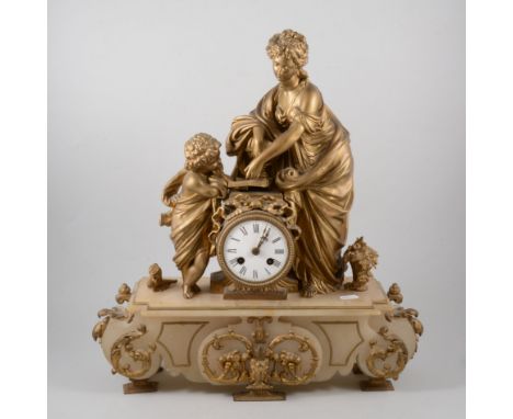 French alabaster and gilt spelter mantel clock, cylinder movement with bell, cloth covered plinth, 51cm overall.