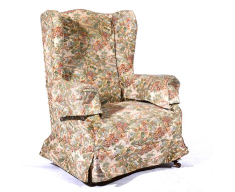 Edwardian wing-back fireside chair, machine woven tapestry covers, square tapering legs, 81cm.