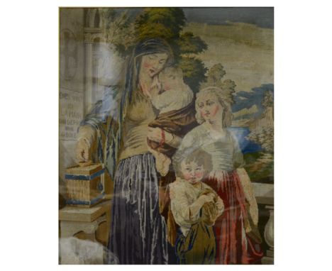 Victorian needlework tapestry, depicting Madonna and children, 64cm x 54cm.