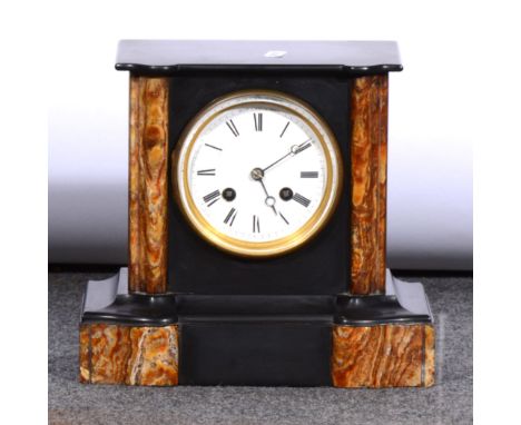 Victorian slate and marble mantel clock, circular enamelled dial, French cylinder movement, striking on a bell, 21cm.