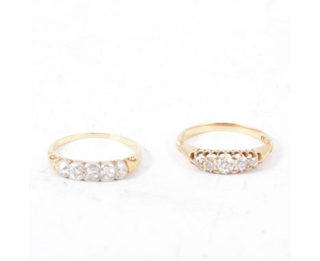Two diamond five stone rings, both having graduated old cut diamonds set in yellow metal mounts, one marked 18, gross weight 