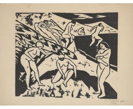 Max Pechstein (Zwickau 1881 – 1955 Berlin). „Badende III“. 1911Holzschnitt auf Japanbütten.  33,7&nbsp;×&nbsp;40,1&nbsp;cm (4