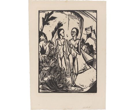 Erich Heckel (Döbeln 1883 – 1970 Radolfzell am Bodensee). „Frauen am Strand“. 1919Holzschnitt auf Velin.  46&nbsp;×&nbsp;32,5