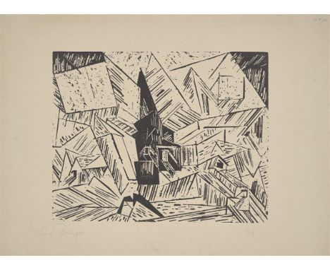 Lyonel Feininger (1871 – New York – 1956). „Dorf (mit Kirche)“. 1919Holzschnitt auf Bütten. 28,4&nbsp;×&nbsp;35,9&nbsp;cm (40