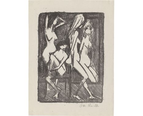 Otto Mueller (Liebau/Schlesien 1874 – 1930 Breslau). „Drei Mädchen vor dem Spiegel“. Um 1922Lithografie auf Velin.  35&nbsp;×