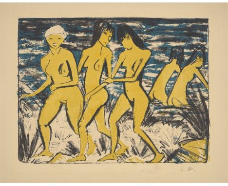 Otto Mueller (Liebau/Schlesien 1874 – 1930 Breslau). „Fünf Gelbe Akte am Wasser“. 1921Farblithografie auf Bütten.  33,5&nbsp;