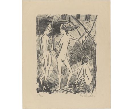 Otto Mueller (Liebau/Schlesien 1874 – 1930 Breslau). „Zwei stehende und ein sitzendes Mädchen (Zwei Stehende und ein hockende