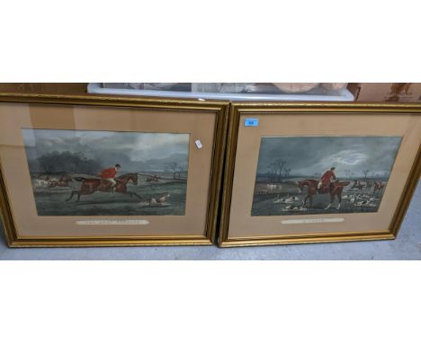 After T Walsh - Get Away Forrad/ A Check - two Victorian coloured fox hunting prints 29cm x 44cm mounted in later glazed gilt