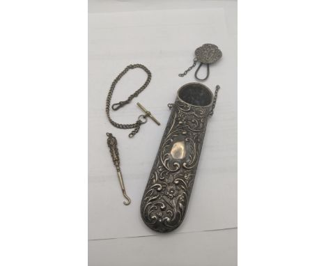 Mixed silver to include a floral embossed spectacles case A/F, hallmarked Chester 1915, a silver handled button hook and a po