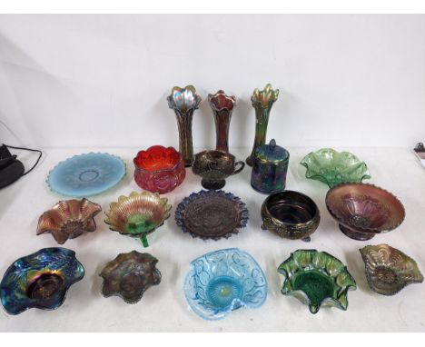 A mixed lot of mostly carnival glass to include a red vase/bowl, an early 20th century opal glass bowl and othersLocation:If 