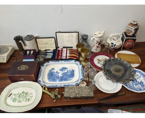 A mixed collection to include 19th century tableware, an embossed gun shell, silver plated tray and flatware, a brass knocker