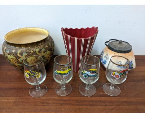A mixed lot to include a Doulton Slaters patent vase, a Sylvac 212 vase, an early 20th century pot with silver plated handle 