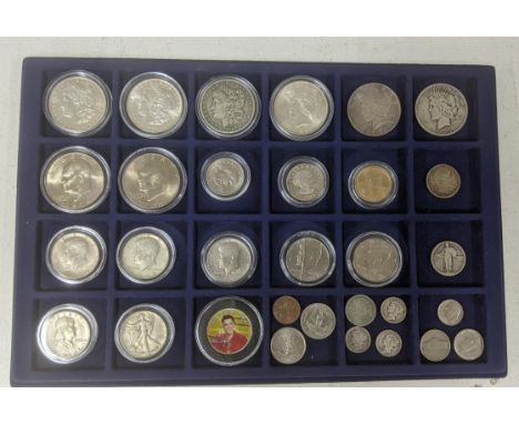 USA - A collection of US coinage to include Silver Morgan and Peace Dollars, 1893 Quarter, 1884 'V cents' 1946 ' Walking Libe