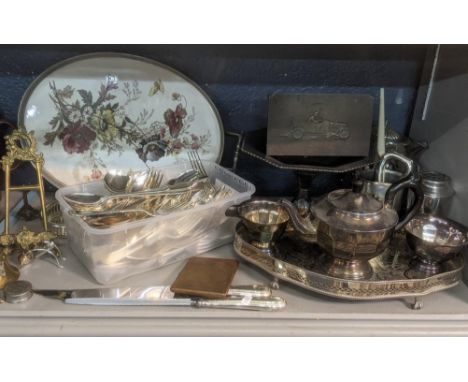Mixed metal ware mainly silver plated items to include a pedestal dish, three part tea service A/F a quantity of Sheffield si