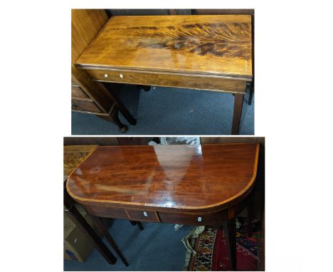 A Georgian mahogany fold-over top tea table on square chamfered supports, 72cm h x 85.5cm w, together with a George III Shera
