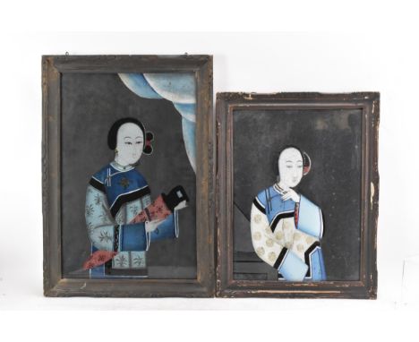 Two Chinese Qing dynasty, 19th century, reverse glass paintings, both depicting ladies, one of a musician wearing traditional