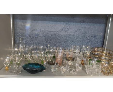 Various glassware and metalware to include led crystal cut glassware, model swans and assorted green stem drinking glasses to