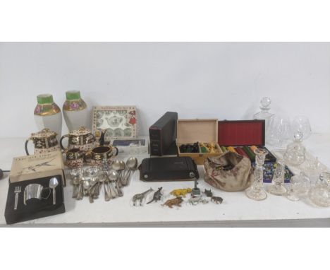 A mixed lot to include a Victorian and later marbles, lead animals A/F, crystal cut glassware to include a decanter, other mi