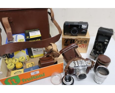 Braun Paxette 35mm camera in brown leather case with 1:2.8=45mm, 1:3, 5/38 lens and 1:3.5F=13.5cm lenses, Nikon TW Zoom 35-70