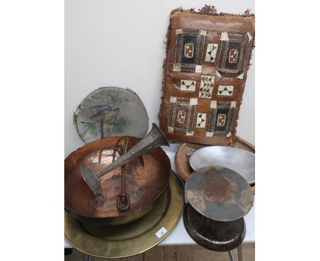 1950s revolving and shop display , a hand beaten copper bowl, and eastern brass tray, tambourine decorated with parakeet, WMF