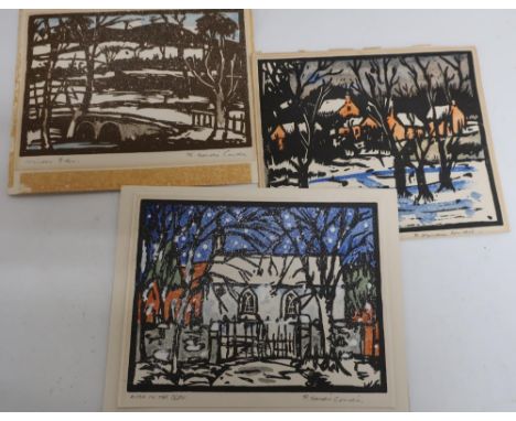 Robert Hardie Condie (1898-1981) 'Kirk in The Glen &amp; Winter Glen' woodcut engravings as Christmas Cards inscribed 'Robert