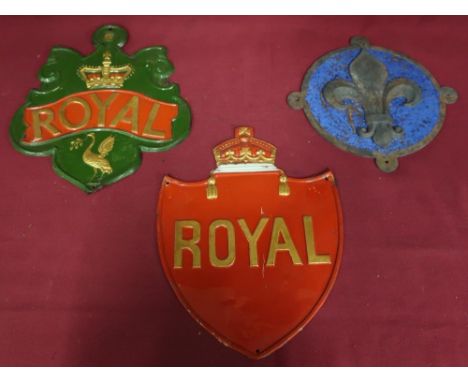 20th C patinated copper &amp; blue enamel Scout hut emblem and two pressed copper "Royal" shields (3) 