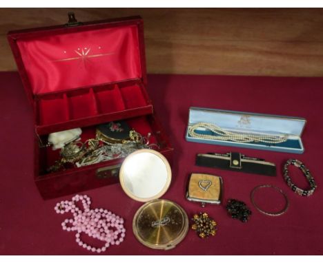 Simulated red leather countlever box containing, and art deco period ladies evening comb , simulated pearl three string neckl