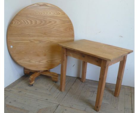 Small rectangular pine kitchen table on square supports (92cm x 64cm x 80cm) and a circular dining table with tilt top on tri