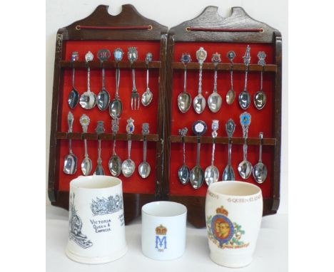 Queen Victoria 1887 Jubilee mug, 1911 mug with Lithophane base and a 1937 Coronation beaker, two wooden spoon racks and a qua