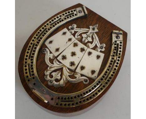 Edwardian EPNS and oak cribbage marker, the top with fret cut playing cards, the single drawer with stirrup handle (14cm x 16