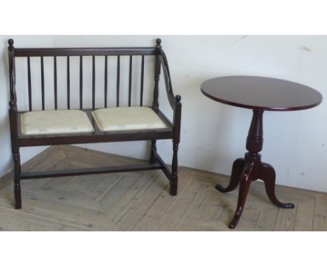 Strongbow folding serpentine front tea table on turned supports (91cm x 92cm x 77cm), two seat hall bench with railed back (9
