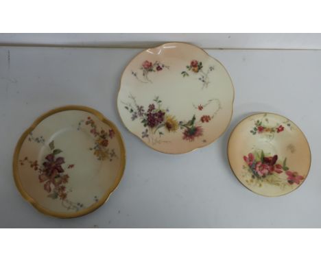 Royal Worcester circular shaped edged plate, painted with garden flowers (diameter 21cm), another shape no. 1412 (diameter 19