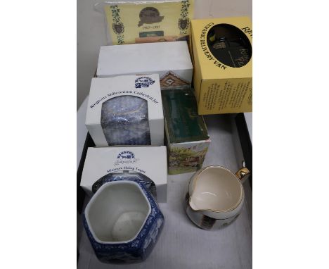 Boxed Rington's Tea collectables: collectors teapot, Millennium Cathedral jar, miniature Maling teapot, Edwardian garden fete