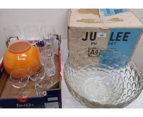 A-1 Jubilee clear glass punch set, with circular bowl on stand and twelve cups, in original box, an orange glass oil lamp sha