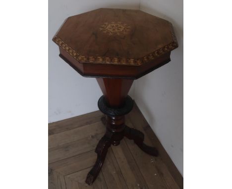 Victorian inlaid walnut tripod sewing table, hinged octagonal top revealing fitted interior with sewing items, on tapering co