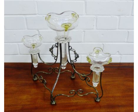 An Art Nouveau Epns and glass table epergne with clear glass flower tubes with green glass swirls, 35cm high